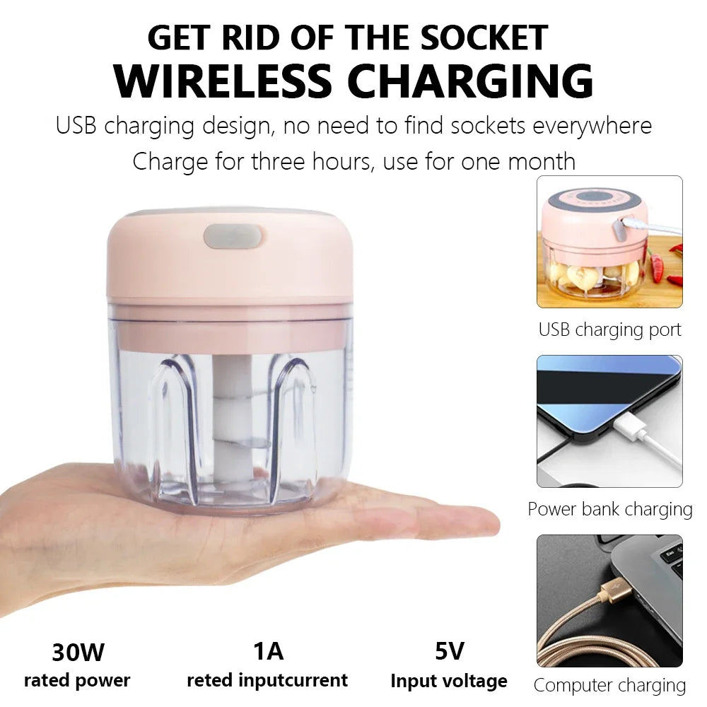 100/250mL Mini Electric Garlic Chopper Vegetable Chili Meat Ginger Masher Machine Sturdy Durable USB Charging Blenders Kitchen