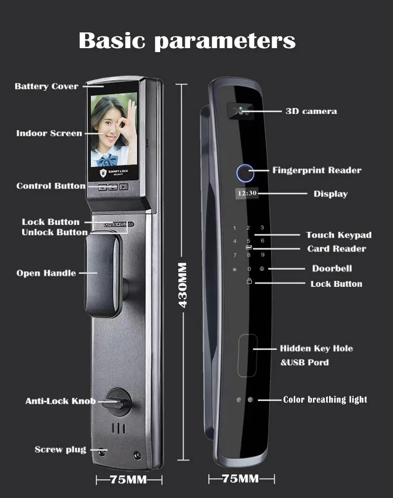 3D Face Recognition Fingerprint Smart Digital Lock TUYA App Wifi Key Card Nfc Rfid Code Electric Door Lock with 6068 Mortise