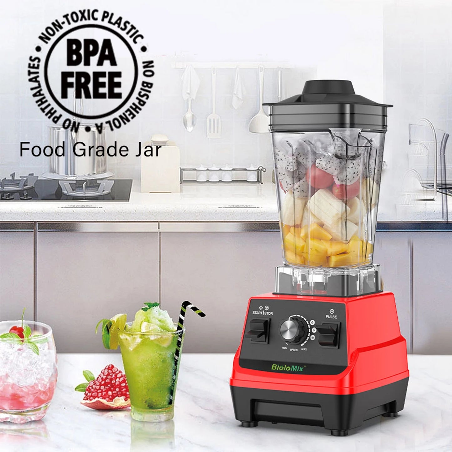 BioloMix Mini Pro 1800W High Power Smoothie Blender BPA Free 1.8L and 0.6L Dual Jar High Performance Kitchen Mixer Juicer