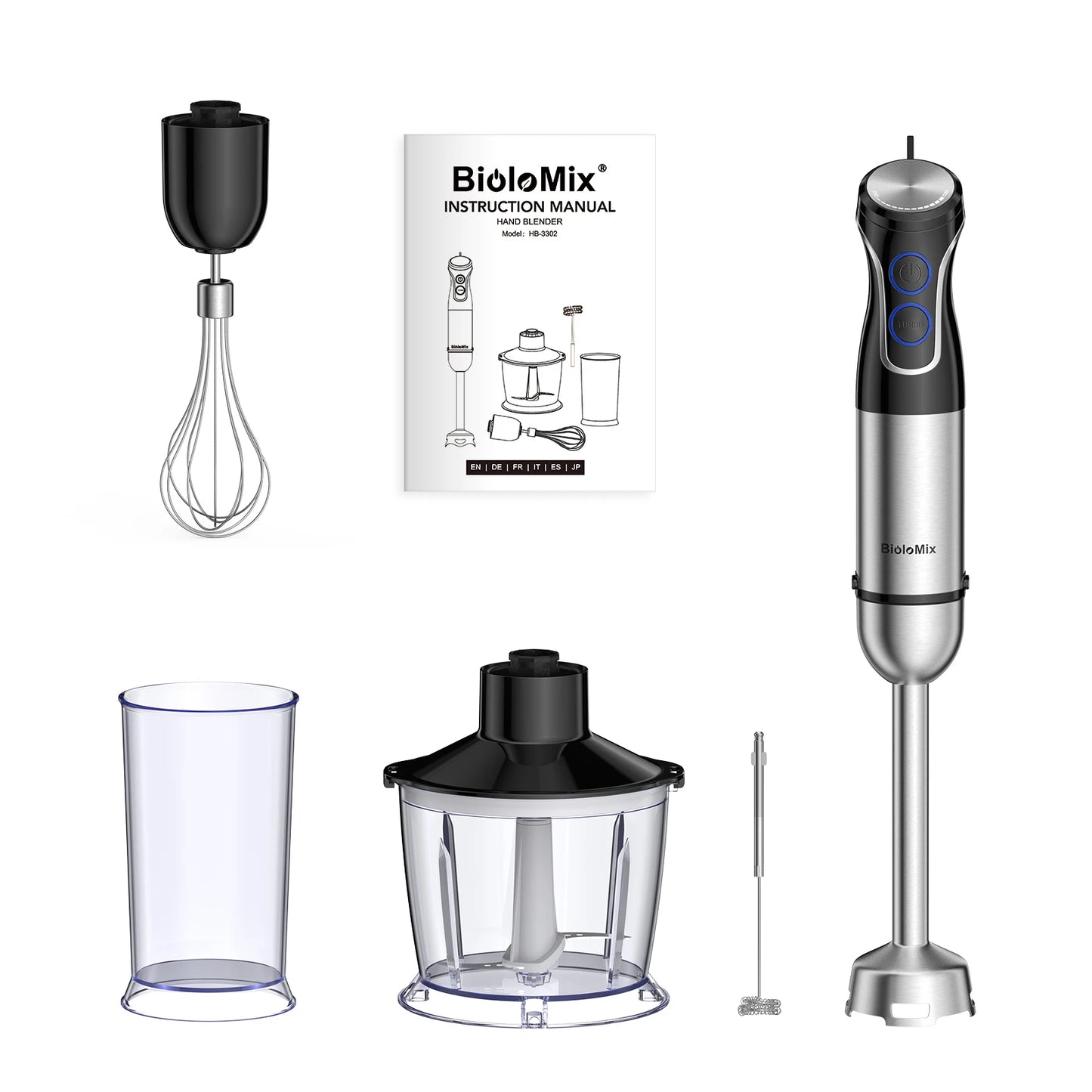 BioloMix 5 in 1 Immersion Hand Blender,1500W Blender with 304 Stainless Steel Blade,Food Processor,Smoothies Puree Baby Food