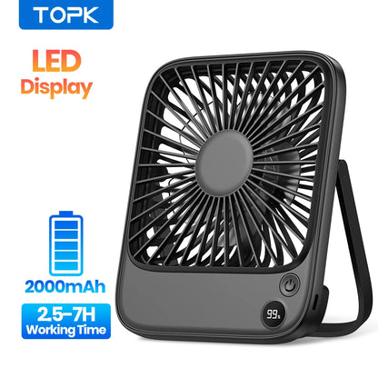 TOPK Desk Table Fan Rechargeable 2000mAh/4500mAh Battery Operated Desktop Fan Silent Thin Personal Fan with Power & Speed Displa
