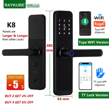 2023 NEW RAYKUBE K8 Tuya Wifi Smart Door Lock TT Lock Fingerprint Lock Digital Electric Lock With Longer Larger Handle Panels