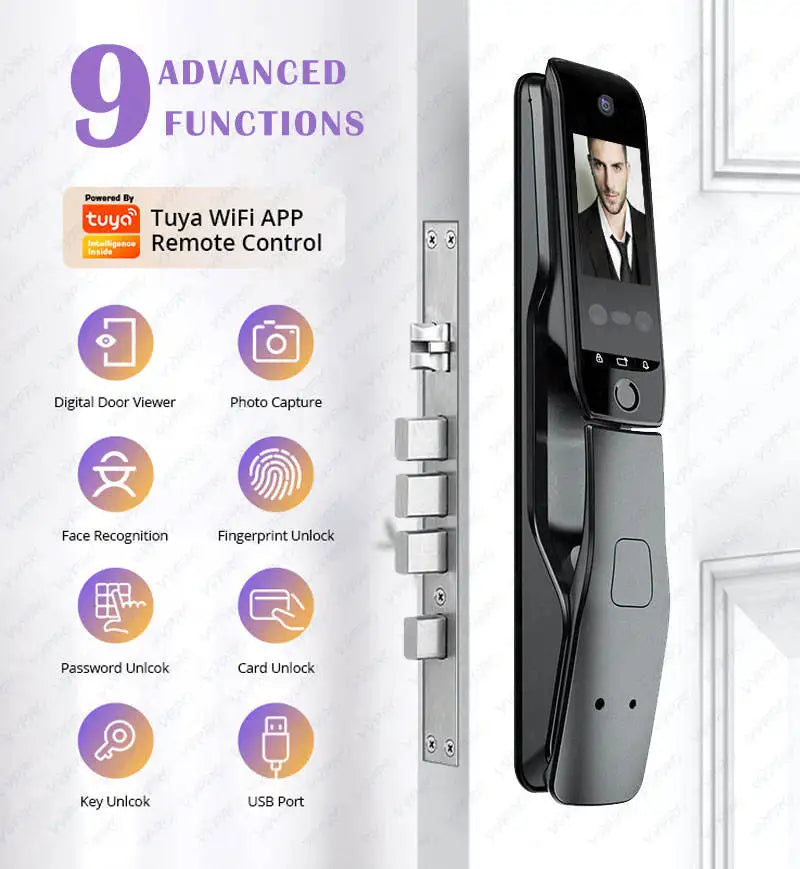 WiFi Tuya APP Voice Intercom Digital Door Lock  High Quanlity 3D Face Recognition Smart Door Lock With Camera