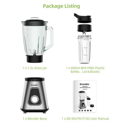 BioloMix Personal Blenders with 1.5L Glass Jar, 1300W Smoothie Blender Combo for Frozen Fruit Drinks, Sauces