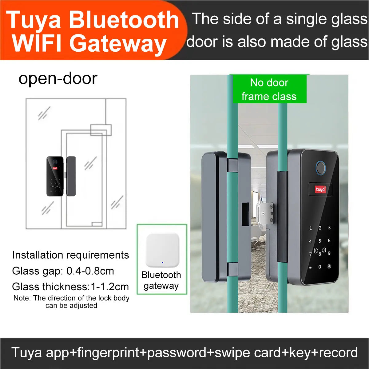 Tuya APP Glass Door Fingerprint Lock Bluetooth Smart Biometric Electronic Door Lock 13.56Mhz RFID Remote Control Keyless Unlock