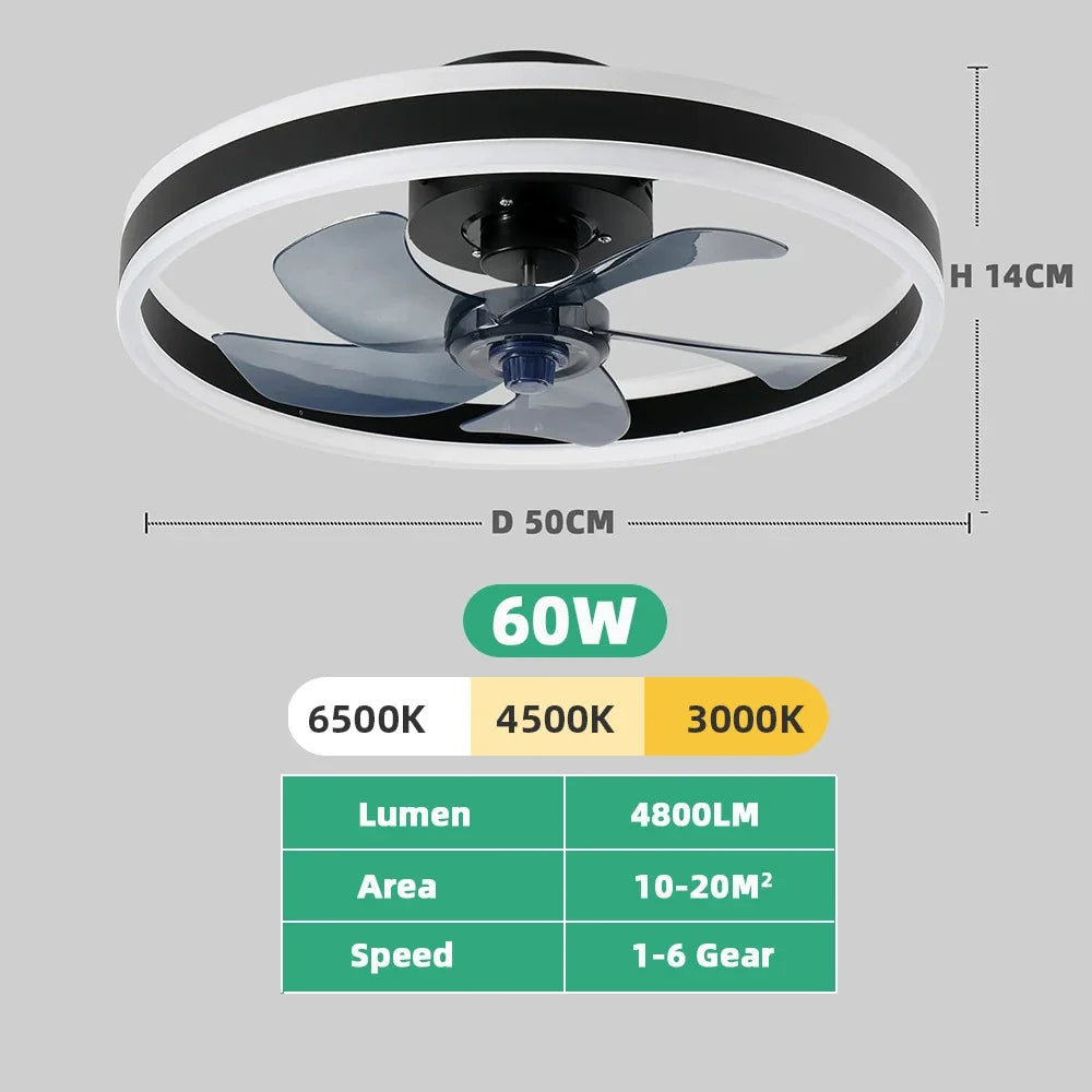 Modern LED Ceiling Fan With Light DC Motor 6-speed Timing Fan 50CM Low Floor Loft Remote Control Decorative Fan With Light