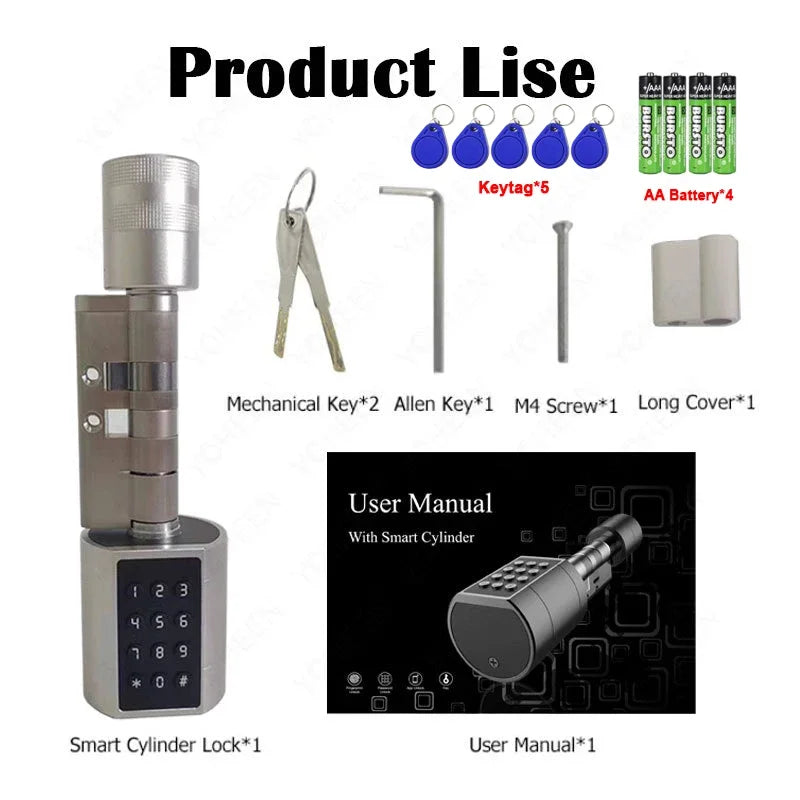 TTLock Keyless Smart Cylinder Fingerprint Lock with 4Pcs AAA Battery Adjustable Length Biometric Fingerprint Door Lock with App