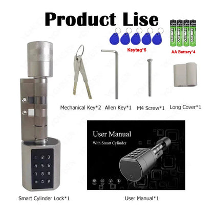 TTLock Keyless Smart Cylinder Fingerprint Lock with 4Pcs AAA Battery Adjustable Length Biometric Fingerprint Door Lock with App