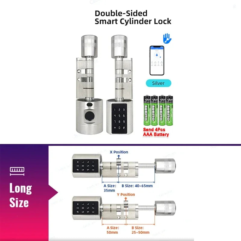 TTLock Keyless Smart Cylinder Fingerprint Lock with 4Pcs AAA Battery Adjustable Length Biometric Fingerprint Door Lock with App
