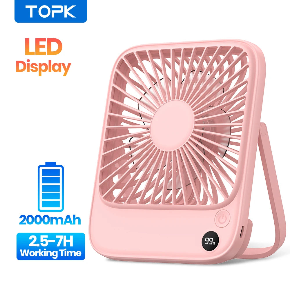 TOPK Desk Table Fan Rechargeable 2000mAh/4500mAh Battery Operated Desktop Fan Silent Thin Personal Fan with Power & Speed Displa