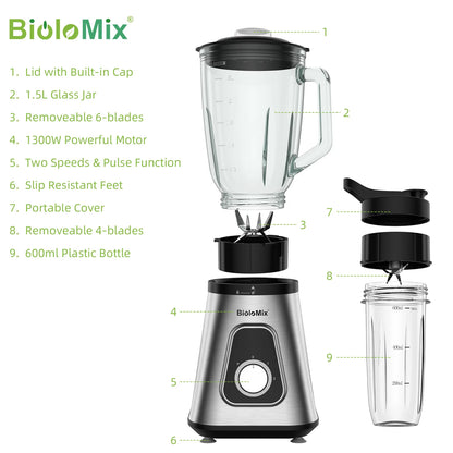 BioloMix Personal Blenders with 1.5L Glass Jar, 1300W Smoothie Blender Combo for Frozen Fruit Drinks, Sauces