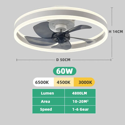Modern LED Ceiling Fan With Light DC Motor 6-speed Timing Fan 50CM Low Floor Loft Remote Control Decorative Fan With Light