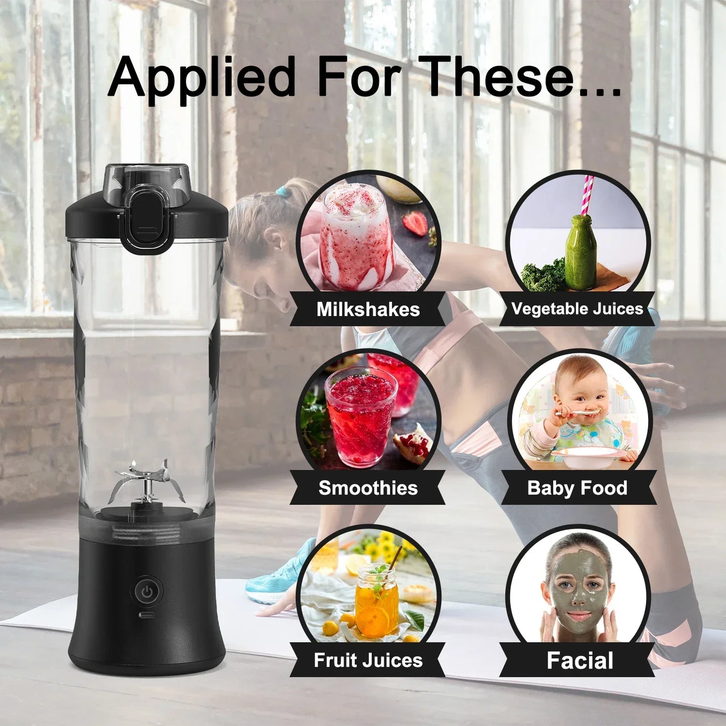 Portable Mini USB Rechargeable Electric Juicer Cup 6 Blades Outdoor Sport Blender Mixer with Straw for Household Car RV Use