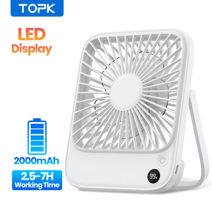 TOPK Desk Table Fan Rechargeable 2000mAh/4500mAh Battery Operated Desktop Fan Silent Thin Personal Fan with Power & Speed Displa