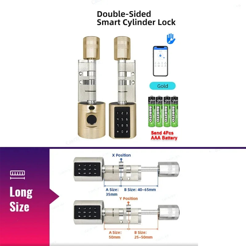 TTLock Keyless Smart Cylinder Fingerprint Lock with 4Pcs AAA Battery Adjustable Length Biometric Fingerprint Door Lock with App