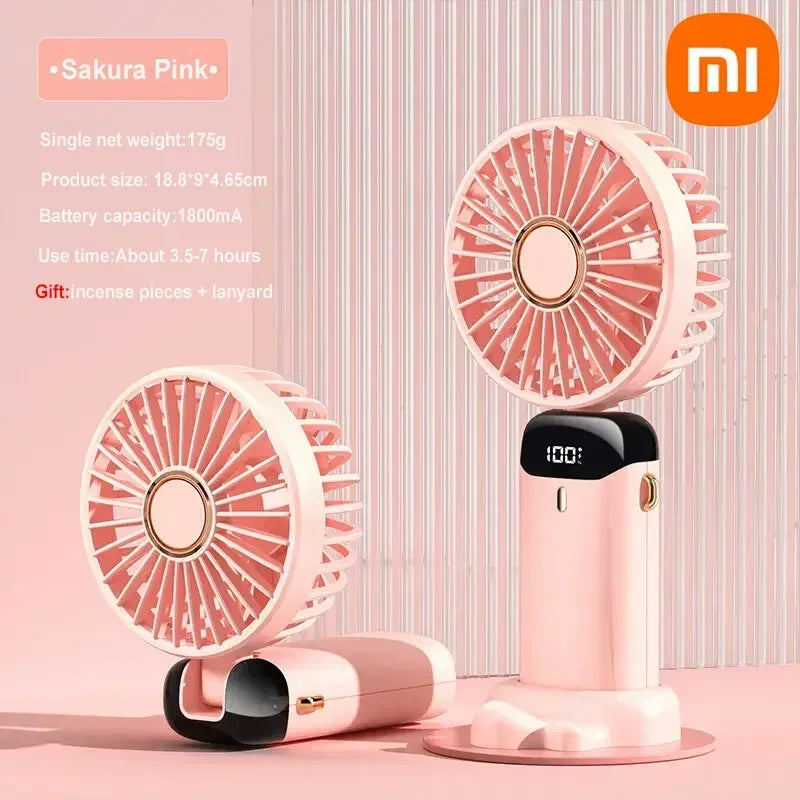 Xiaomi USB Handheld Mini Fan Foldable Portable Neck Hanging Fans 5 Speed USB Rechargeable Fan with Phone Stand Display Screen