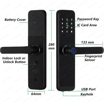 2023 NEW RAYKUBE K8 Tuya Wifi Smart Door Lock TT Lock Fingerprint Lock Digital Electric Lock With Longer Larger Handle Panels