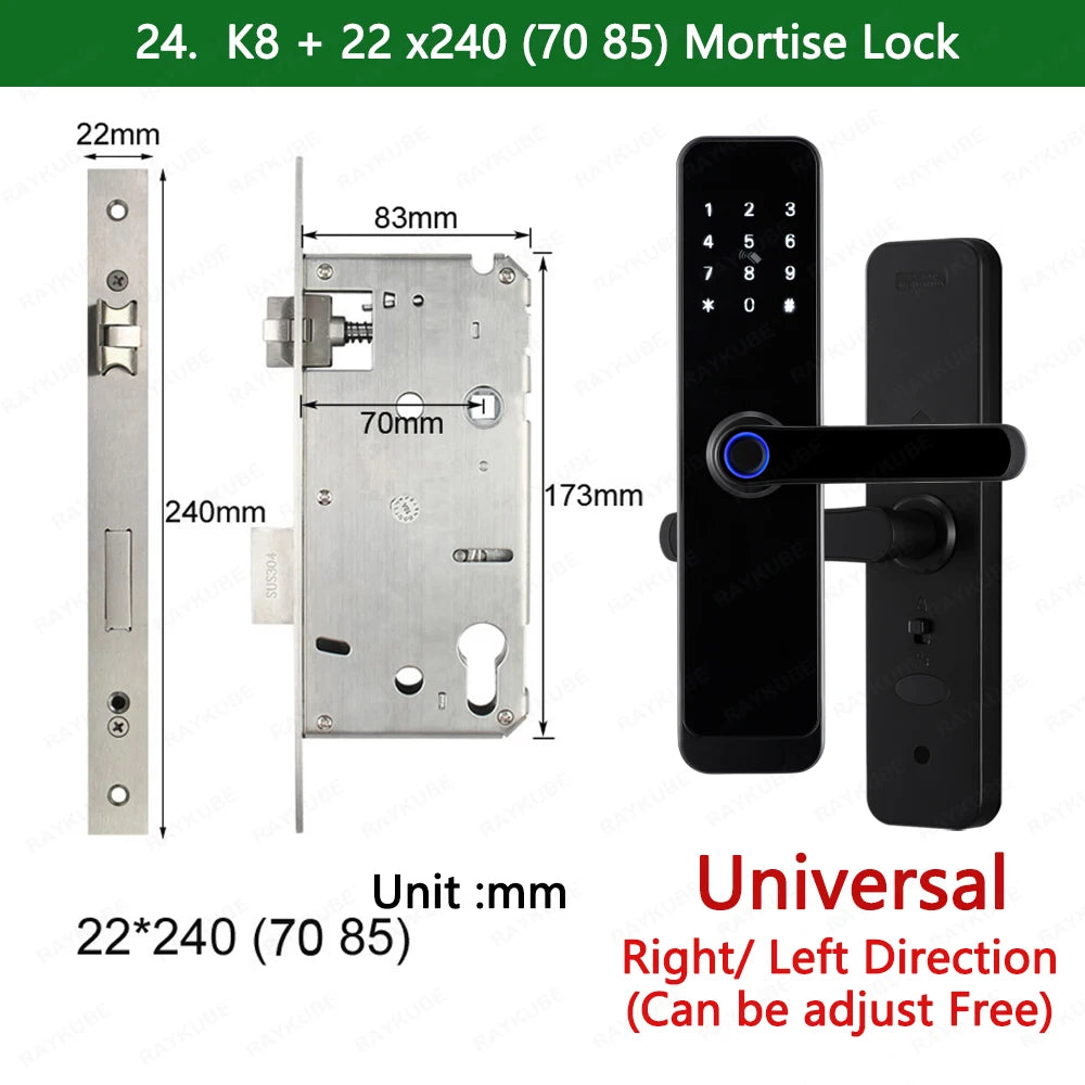 2023 NEW RAYKUBE K8 Tuya Wifi Smart Door Lock TT Lock Fingerprint Lock Digital Electric Lock With Longer Larger Handle Panels