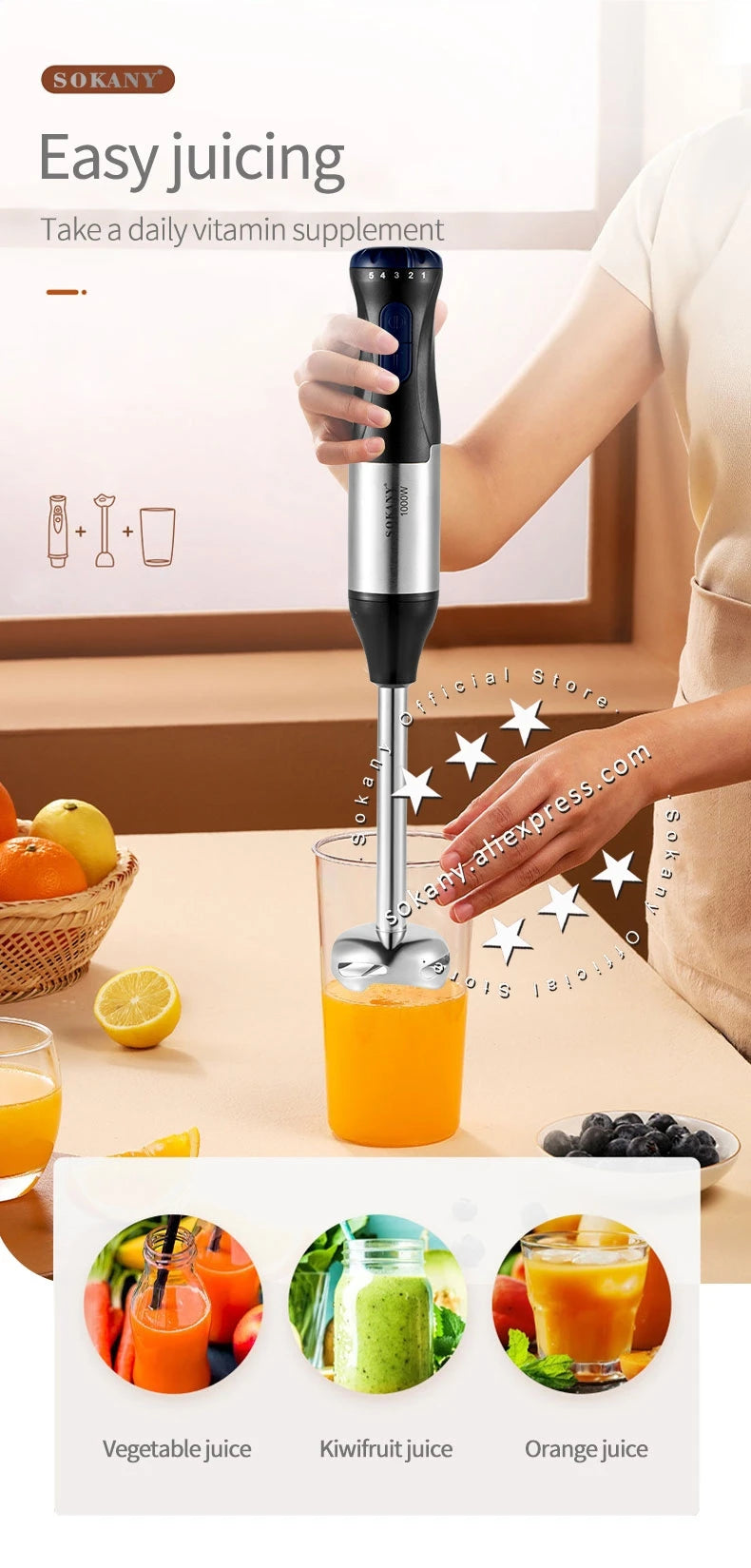 Sokany Powerful 4 in 1 Stick Hand Blender Set Stainless Steel Immersion Chopper Beaker Electric Whisk For Kitchen  Baby Food