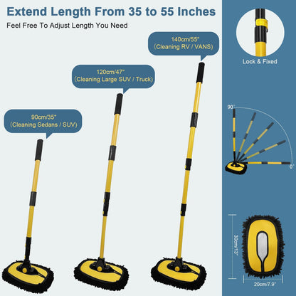 55" Car Wash Brush with Long Handle, 15° Curved Extendable Car Cleaning Brush with Replaceable Microfiber Mop Head, Portable Washing Brush Kit with Storage Bag for RV Truck Camper Cleaning