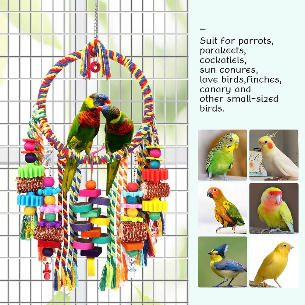 Bird Toys Bird Rope Ring Swing Perch with Corn Cob Cardboard Bagels Wooden Blocks Chewing Toys for Parakeets,Conure,Lovebirds,Finches and Other Small to Medium-Sized Birds