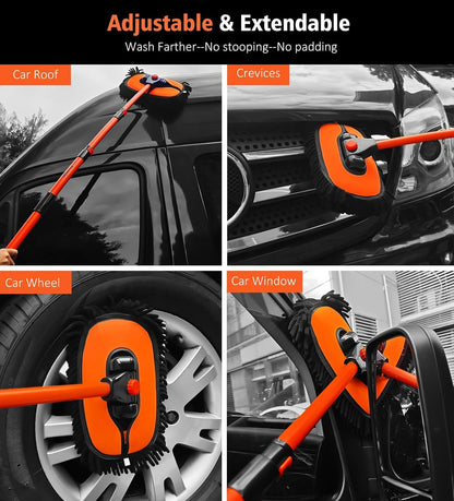 55" Car Wash Brush Mop with Long Handle, Extendable Curved Car Cleaning Brush with Extra Microfiber Mop Head, Soft Car Wash Brush Kit with Storage Bag for Truck SUV Cleaning, Orange