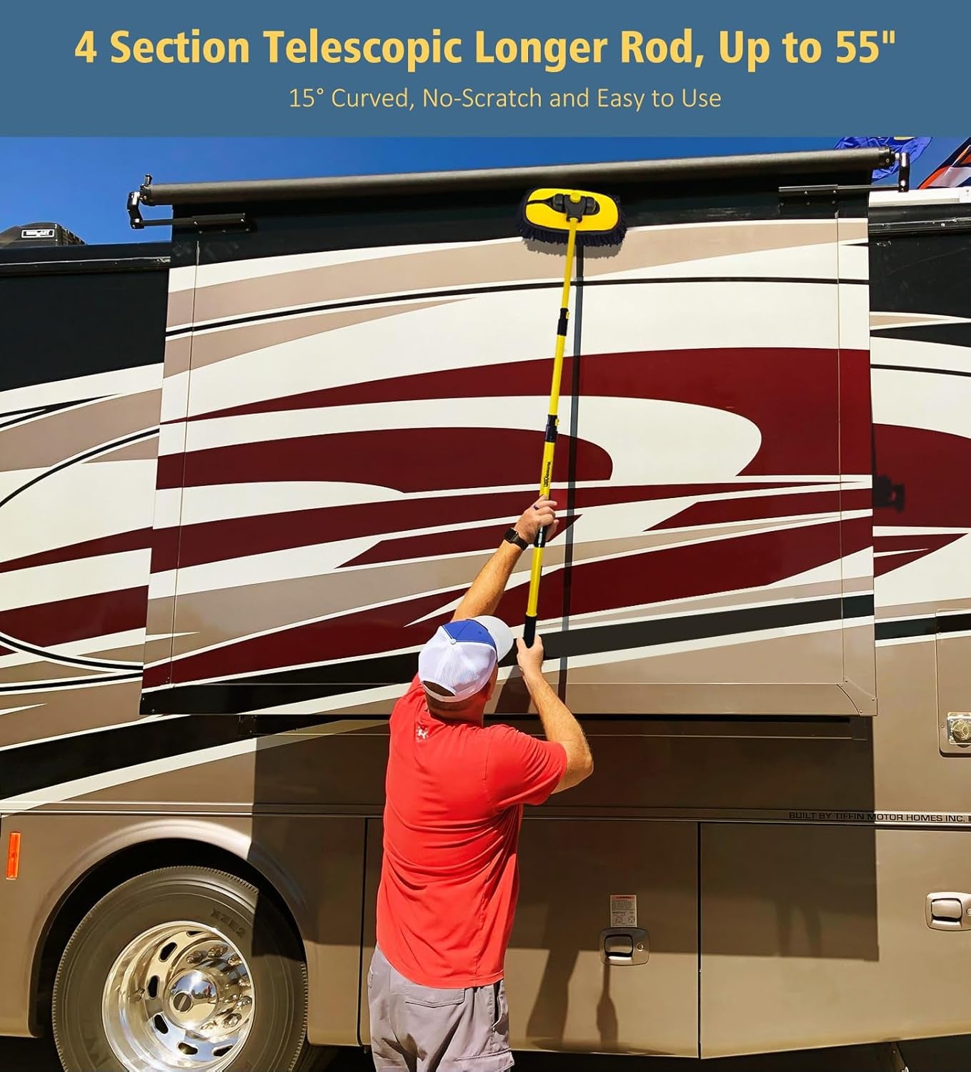 55" Car Wash Brush with Long Handle, 15° Curved Extendable Car Cleaning Brush with Replaceable Microfiber Mop Head, Portable Washing Brush Kit with Storage Bag for RV Truck Camper Cleaning