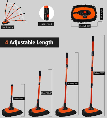 55" Car Wash Brush Mop with Long Handle, Extendable Curved Car Cleaning Brush with Extra Microfiber Mop Head, Soft Car Wash Brush Kit with Storage Bag for Truck SUV Cleaning, Orange
