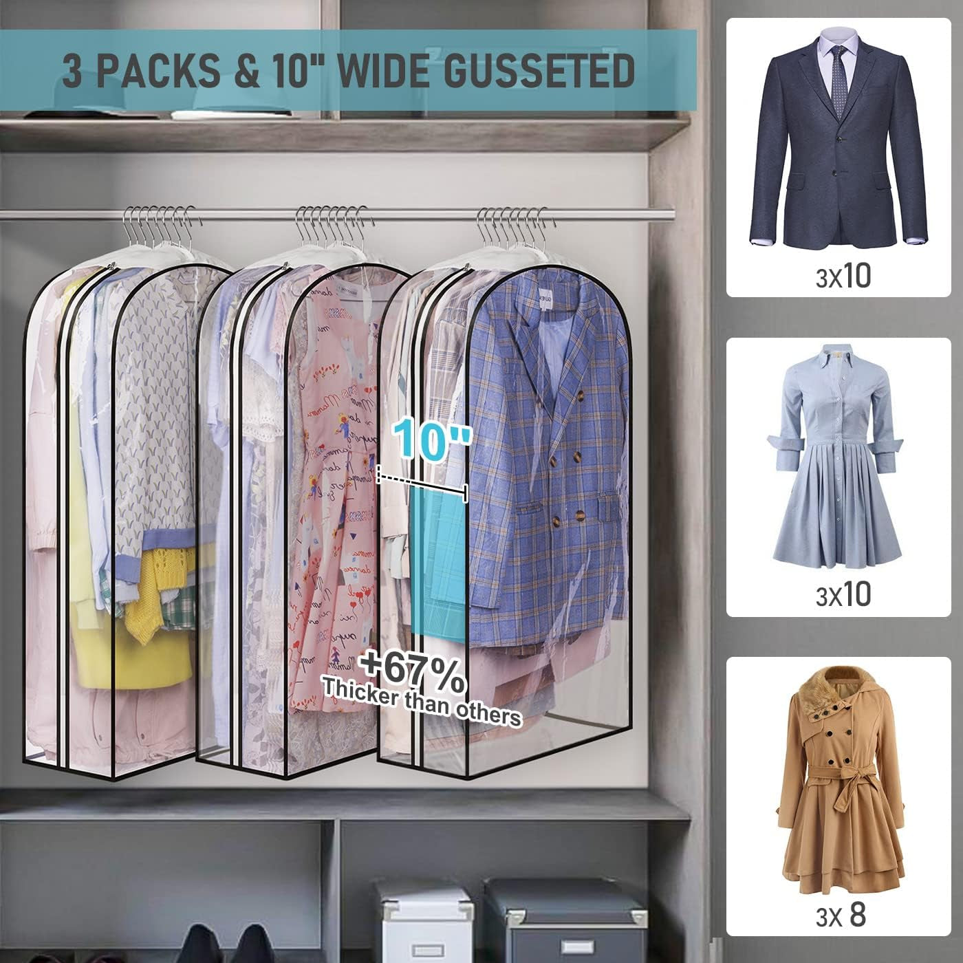 Gusseted Clear Suit Covers Garment Bags for Clothes 100Cm Waterproof Cothes Covers Protector Bags with Side Zip for Coats, Shirts, Dresses, 3 Packs